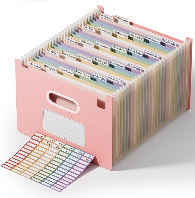 ThinkTex 26-Pocket Accordion File Organizer, Upright Open Top, Letter/A4 | Large Capacity Wheat Straw File Folders, File Organizer for Taxes, Bills, Medical Records, School, Office-Strawberry Pink