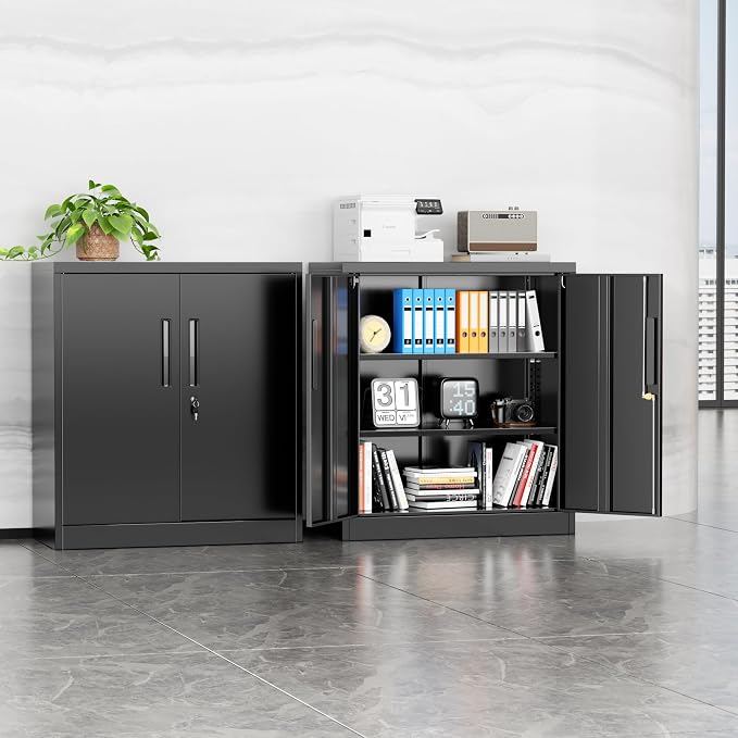 Steel Storage Cabinet with Lock, Lockable Metal Storage Cabinets with 2 Adjustable Shelves, Black Counter Height Garage Cabinet