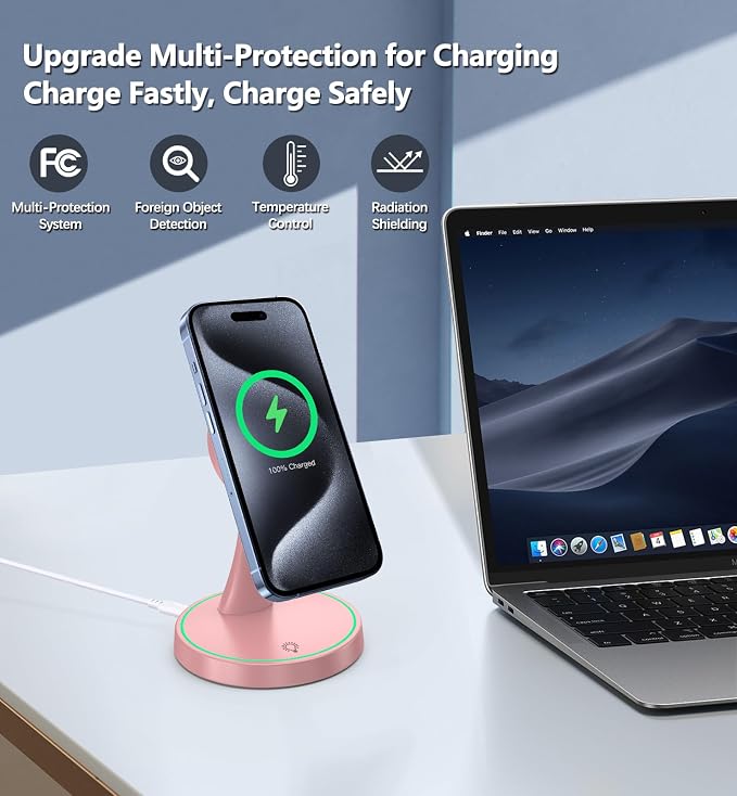 Magnetic Wireless Charger Stand 15W Fast Mag-Safe Charger for iPhone 17 /17 pro/ 17 Air/ 17 pro max 16/15/14/13/12 Series Magnet Wireless Charging Station/Pad with Sleep-Friendly Light for AirPods