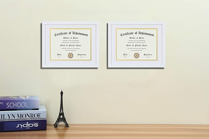 ELSKER&HOME 8.5x11 Certificate Frame - Classic White Color Frame - Displays Diploma 8.5x11 Inch with Mat - 11x14 Inch Without Mat - For Document/Photo (2 Pack, Matte White with Gold Rim)