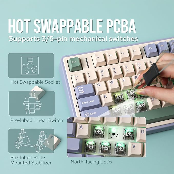 EPOMAKER x Aula F75 Gasket Mechanical Keyboard, 75% Wireless Hot Swappable Gaming Keyboard with Five-Layer Padding&Knob, BT/2.4GHz/USB-C, RGB (Green, LEOBOG Reaper Switch)