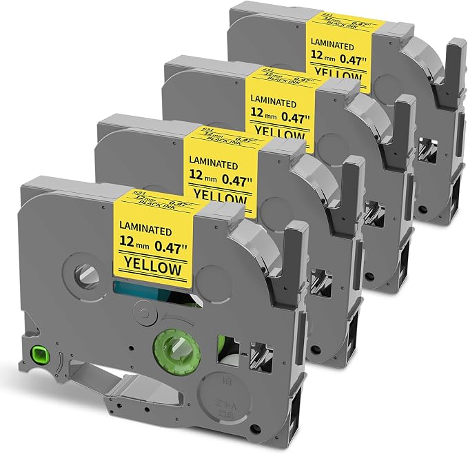 Label Tape Yellow Replace for TZe-631 Brother Label Maker Tape 12mm | 0.47 TZE631 TZ Tape Laminated Ptouch Black on Yellow Compatible with Brother P-Touch Label Tape PTD210 PTH110, 4Pack