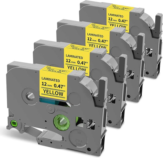 Label Tape Yellow Replace for TZe-631 Brother Label Maker Tape 12mm | 0.47 TZE631 TZ Tape Laminated Ptouch Black on Yellow Compatible with Brother P-Touch Label Tape PTD210 PTH110, 4Pack