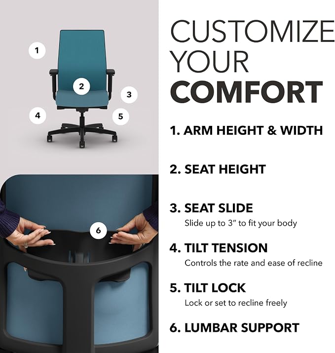 HON Ignition 2.0 Ergonomic Office Chair, Lumbar Support, Desk Chair, Sky | Ergonomic office desk chair with lumbar support, adjustable arms, office decor, workstation comfort for focused productivity