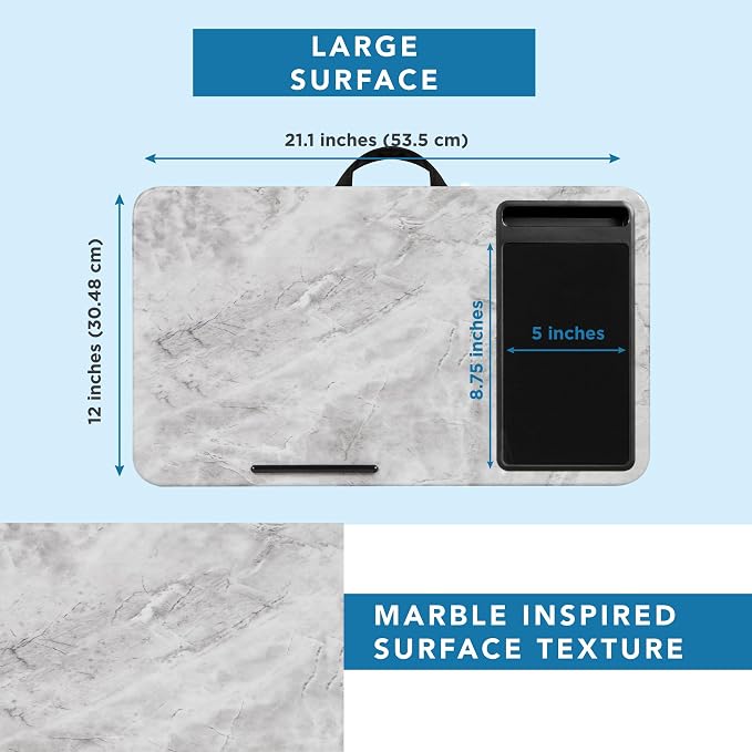 LAPGEAR Home Office Lap Desk with Device Ledge, Mouse Pad, and Phone Holder - White Marble - Fits Up To 15.6 Inch Laptops - Style No. 91501 | Built-In Mouse Pad & Phone Slot, Integrated Device Ledge, Dual-Bolster Microbead Cushion, Carry Handle