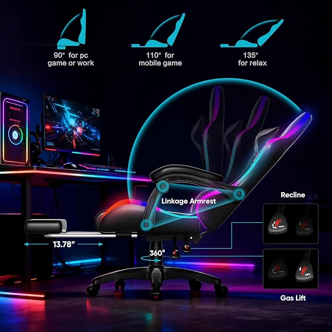 Gaming Chair, RGB LED Lights Computer Chair with Footrest, Lumbar Support Massager Gamer Chair, High Back, 90-135° Reclining, Linkage Armrests, Gray