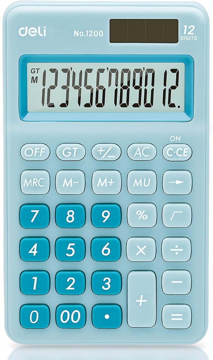 Deli Standard Function Basic Calculator, 12 Digit Desktop Calculator with Large LCD Display, Solar Battery Dual Power Office Calculators, Blue