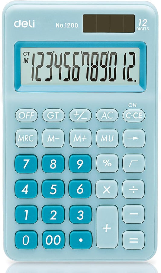 Deli Standard Function Basic Calculator, 12 Digit Desktop Calculator with Large LCD Display, Solar Battery Dual Power Office Calculators, Blue