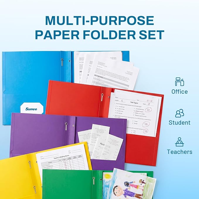 SUNEE Folders with Prongs, 5 Pack Paper Pocket Folders, Folders with Pockets and Prongs Fit Letter Size Paper, 5 Assorted Colors for School Office Home Business