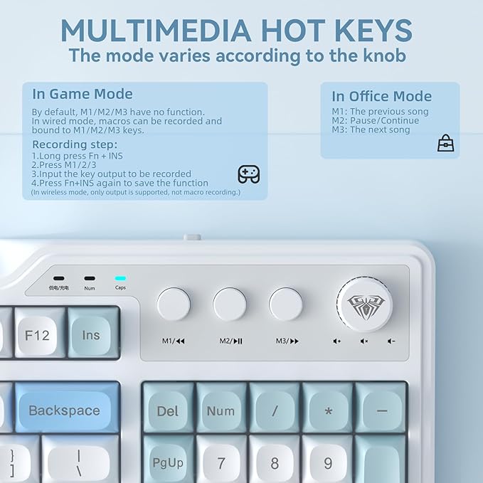 Aula F3099 Wireless Keyboard with Media Knob, Tri-Mode BT5.0/2.4GHz/USB-C Cute Creamy Keyboard with Number Pad, RGB Backlit Gaming Keyboard, Quiet Typing Computer Keyboards for Office Laptop/PC