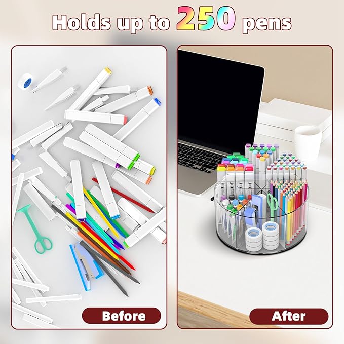 Absonic 250pcs Acrylic Pencil Holder Marker Organizer, 360-Degree Rotating Pen Holder, Crayon Organizers for Kids Pencil Organizer Caddy Art Supply Kids Desk Organizers for Office Home School