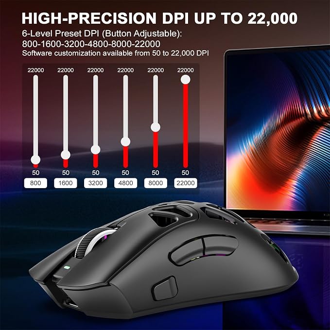 G11 Lightweight Wireless Gaming Mouse for FPS & Competitive Gaming, Tri-Mode Bluetooth 5.1/2.4GHz/USB-C, 22000 DPI RGB Mouse with Programmable Buttons for PC, Laptop & Mac (Black)