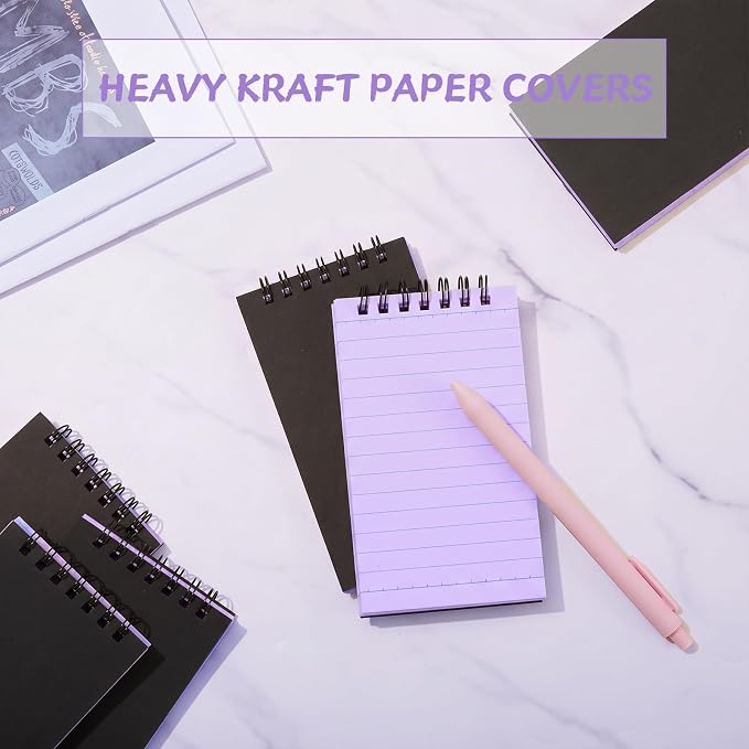 Tenceur 6 Pcs Pocket Notebook Small 3x5 Inch Black Cover Purple Page Top Spiral Notepads Bound Notebook with Lined 120 Pages Mini Memo Pads for Office College Nurse Essentials Back to School Gift