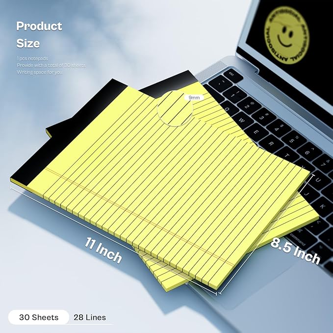 2 Pack Yellow Legal Pads 8.5x11 Yellow Notepads 30 Sheets Perforated Yellow Pads Paper Wide Ruled Writing Pad 70gsm Premium Thick Paper Double-Sided Printing Note Pads for Students, Office, Business