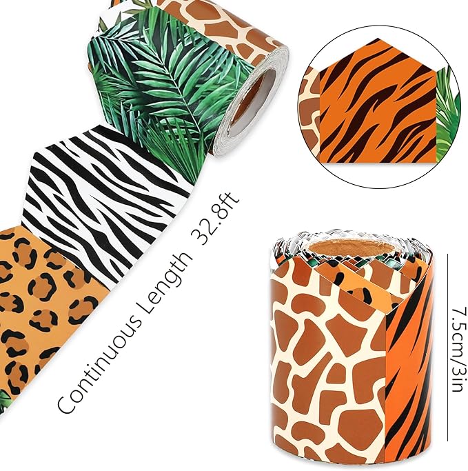 Whaline 32.8Ft Safari Bulletin Board Border Jungle Animal Print Leaves Die Cut Trim Border Roll for Back to School Safari Birthday Chalkboard Wall Decor