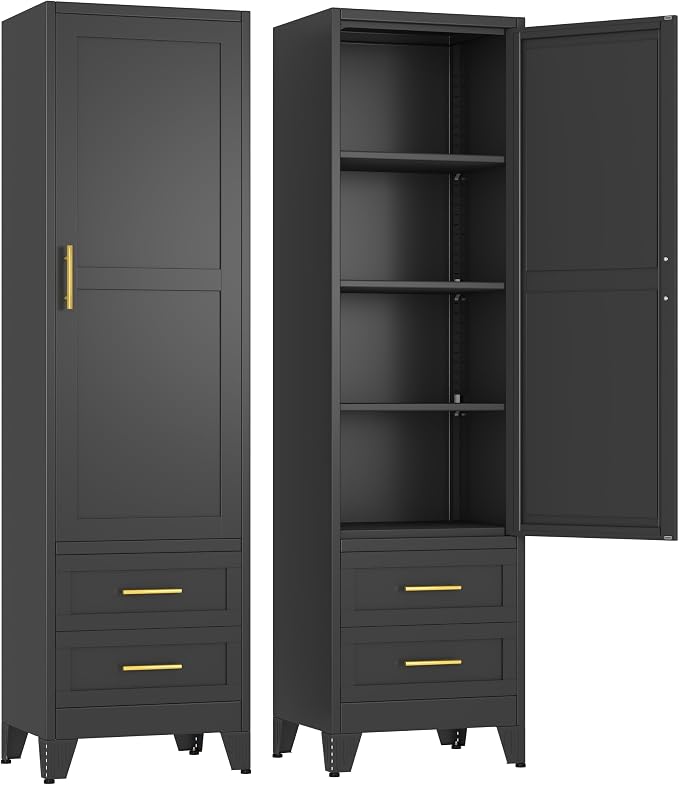 Ckzbx Tall Narrow Storage Cabinet, 66.93" H Tall Bathroom Cabinet Metal Pantry Cabinets with Drawers, 3 Adjustable Shelves, for Kitchen, Bathroom, Home Office, Living Room