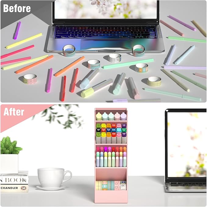 Asten Pen Holder, Pencil Holder for Desk, Pen Organizer for Office, School, Desktop, Large Capacity Pen Storage Organizer with 5 Compartment for Pens, Markers, Makeup Brush, Cosmetics (Pink, 1 Pack)
