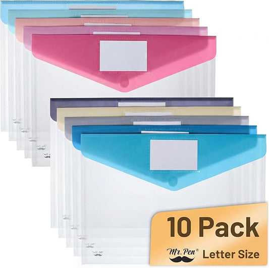 Mr. Pen- Clear Plastic Envelopes, 10 Pack, A4, Letter Size, Colorful, Clear Folders for Documents Plastic Envelopes for Documents