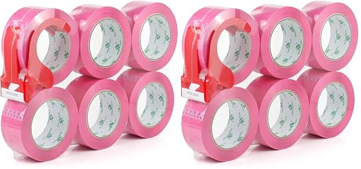BOMEI PACK Pink Packing Tape with Dispenser, 2.4 Mil 1.88 Inch x 110 Yards, 6 Refills Rolls Pink Color Box Packaging Tape for Moving, Shipping, Mailing and Storage (Pack of 2)