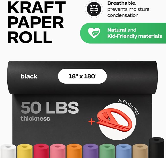 Black Kraft Paper Roll 18" x 2160" (180 feet) with Cutter - USA-Made Wrapping Paper for Packing, Moving, Shipping & Crafts/Arts - 100% Recyclable Natural Craft Material by IDL Packaging | Wrapping Paper for Packing, Moving, Shipping & Crafts/Arts - 100...