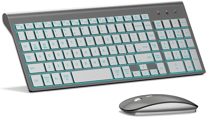Wireless Backlit Keyboard and Mouse Ultra Slim Combo, TopMate - Gray Silver | 2.4G Silent Compact 2400DPI Mouse and Scissor Switch Keyboard Set, Batteries Included, for PC/Laptop/Windows/Mac/Gaming