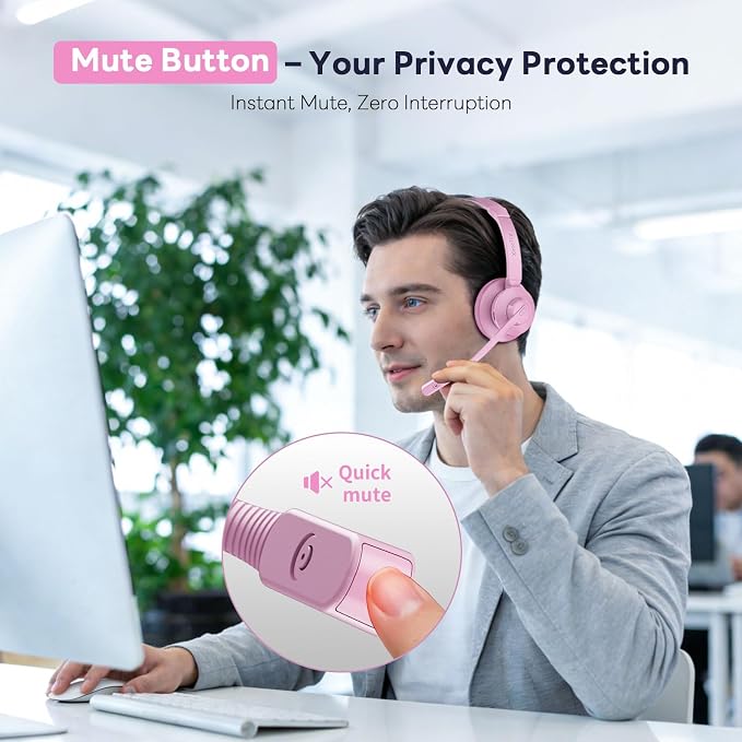 Wireless Headset with Mic for Work, Bluetooth Headset, Mic Clear Calls, Wireless Headphones with AI Noise Cancelling Microphone (Bluetooth 5.3 & Mic Mute), USB Dongle, for PC/Zoom(Pink)