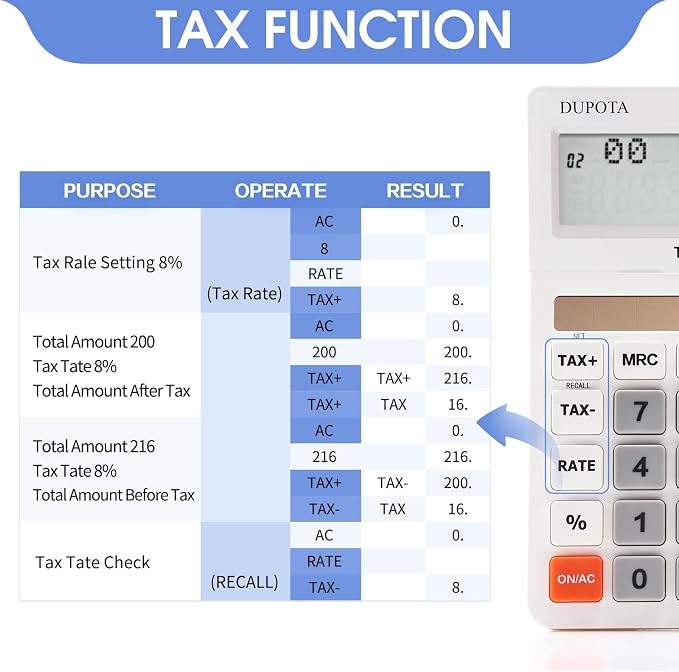 Desktop Calculator Large Display Big Buttons with 12 Digits 2-line | Solar Power and Battery, Accounting Calculator with Tax and Check Function for Office, Home and Business (OA-608)