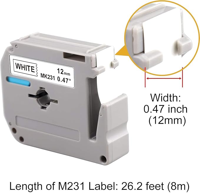 6-Pack M-K231 M Tape Compatible Label Tape Replacement for Brother P-Touch M231 MK231 M-231 M-K231S 12mm 0.47'' White Work with Brother Ptouch PT-65 PT-M95 PT-90 PT-70 PT-80 PT-70BM PT-45 Label Maker