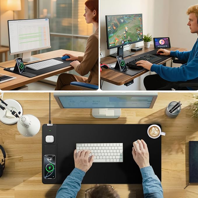 Wireless Charging Mouse Pad with Foldable Phone Holder, 31.5"x15.8", Black | Large Desk Mat for Laptop/Keyboard, Waterproof Ultra-Smooth Surface, Non-Slip Base