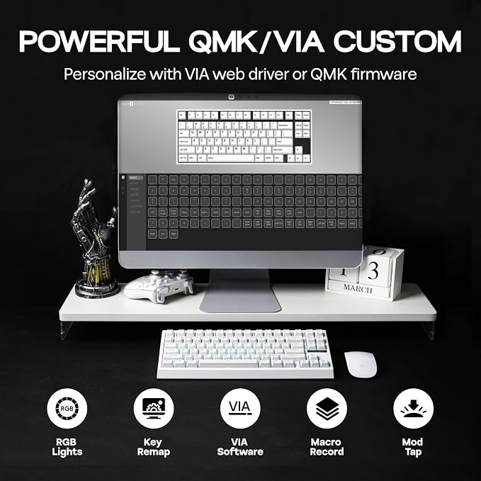 EPOMAKER G84 80% RGB Gaming Mechanical Keyboard with Shine Through Keycaps | 2.4GHz/ Type-C/BT Wireless Keyboard, VIA Programmable, Hot-Swap, Creamy Keyboard for Gamers/Office(White, Creamy Jade Switch)