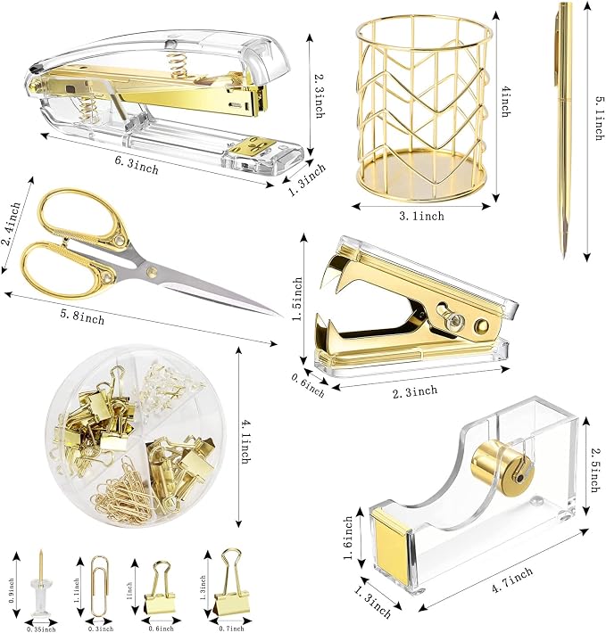 Famassi Gold Desk Accessories，Office Supplies Set Acrylic Stapler Set Staple Remover, Tape/Pen Holder, 2 Ballpoint Pen, Scissor, Binder/Paper Clips and 1000pcs Staples.