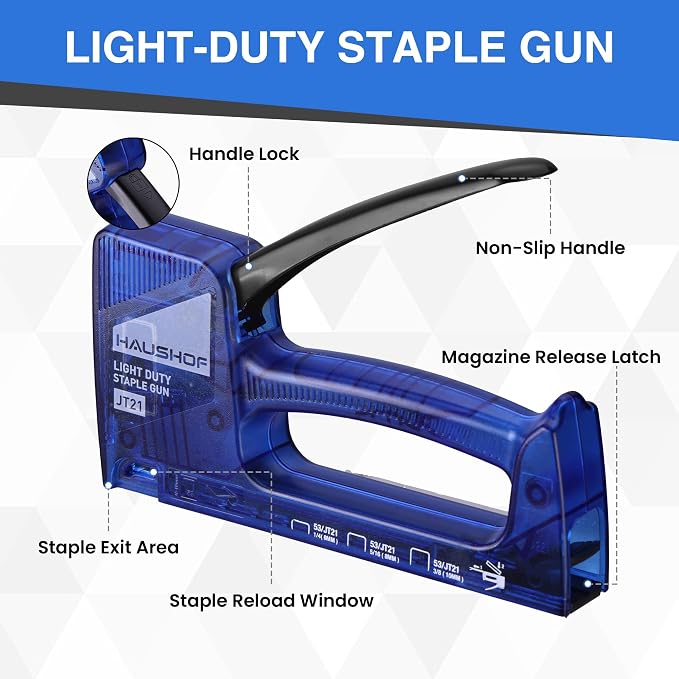 HAUSHOF Light Duty Staple Gun, Upholstery Staple Gun with 800PCS JT21 Staples and Stapler Remover, Fits JT21 Staple of 1/4'', 5/16'' & 3/8'', Used for Wood, Classroom, Crafts, DIY (Blue Transparent) | Upholstery Staple Gun Fits JT21 Staple of 1/4'', 5/...