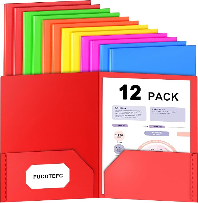 Plastic Folders with Pockets, 2 Pocket Folders Fit Letter Size Paper, Heavy Duty Paper File Folder with Business Card Holder for School Office Home Business (12 Pack, Assorted Colors) | Heavy Duty, Paper, File Folder, Business Card Holder, for School, ...