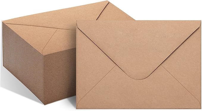 50 Packs of A7 Envelopes for Invitation, Kraft 5x7 Envelopes with V Flap, Great for Graduation, Invitation, Baby Shower, Wedding and RSVP Cards (Brown)
