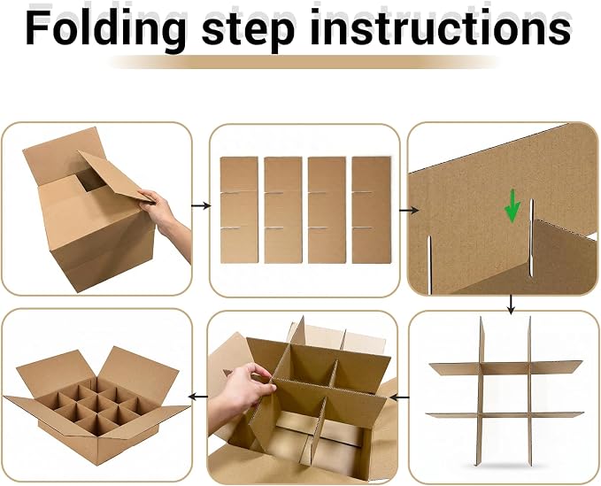 ZSZMFH 4 Sets Moving Boxes with Divider Kits, 12.7 x 12.7 x 4.7 Inches Kitchen Moving Boxes, Glassware Dish Packing Box Contains 16 Corrugate Dividers and 36 Foam Pouches