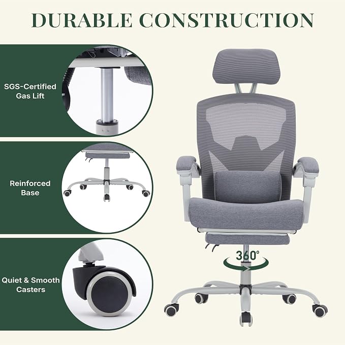 Ergonomic Office Chair with Footrest, Computer Gaming Chair | Adjustable Headrest, Lumbar Support, Swivel Reclining, Padded Armrest, Mesh High Back, Home Desk Work Study, Grey