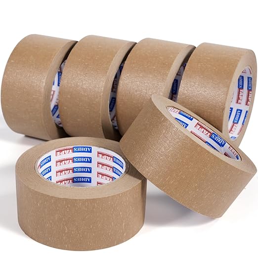 ADHES Biodegradable Kraft Paper Tape, 2 inch x 55 Yards, 6 Rolls Eco Friendly & Writable & Uncoated Paper Packing Tape Brown Packing Tape for Masking, Sealing, and Packaging Use