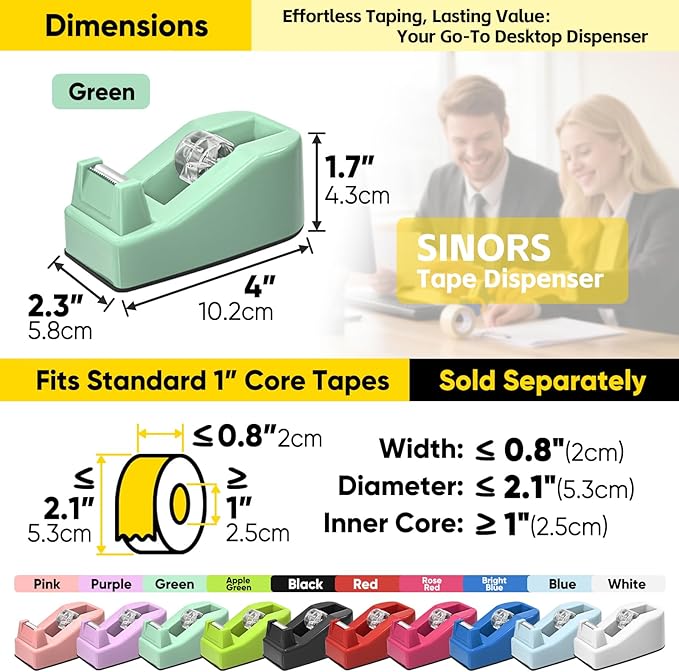 Desktop Office Tape Dispenser, Fits Standard 1-Inch Core Tapes, Weighted Base, Sharp Metal Blade, Smooth Cutting, Adhesive Roll Holder for Office, School, Shop, Home & Business - Green