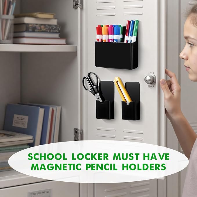 3 Pcs Magnetic Marker Holder for Whiteboard, Plastic Magnet Dry Erase Marker Holders for Fridge Refrigerator, Pen Pencil Cup Holder for School, Classroom Accessories, Locker Organizer-Balck