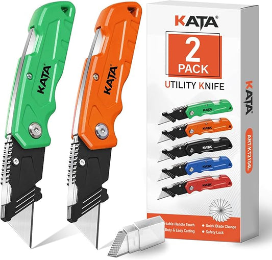 KATA Folding Box Cutter Knives - Heavy Duty Utility Knife Box Cutters with Extra 10pcs Razor Blades - 2-Pack Pocket Knife Plastic Cardboard Opener Tool - Gifts for Men Cutting Cartons, Leather, Rope