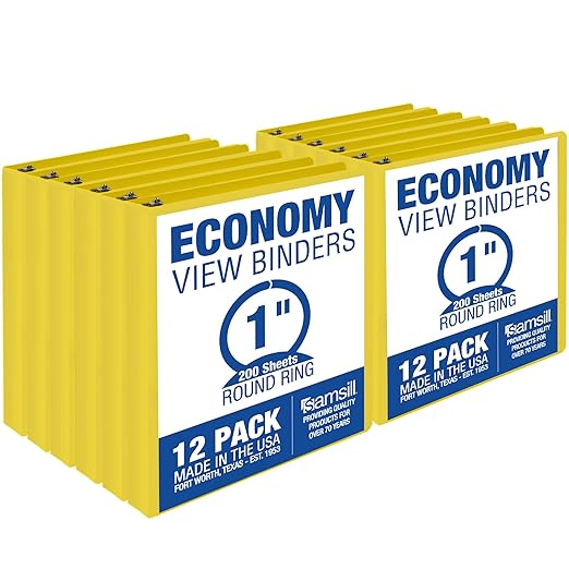 Samsill 1 Inch 3 Ring Binders, Economy Round Ring, Clear View Cover, 200 Sheet Capacity - for School, Home, Office - Yellow, 12 Pack
