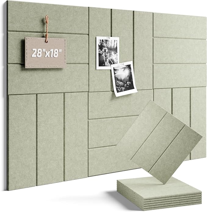 28" x 18" Cork Board Alternative, Wide Stripe, Sage | 6-Pack Felt Pin Board Tiles, 30 Adhesive Tabs, Custom Wall Layout, Photo Display, Memo Board, Office, Classroom, Dorm