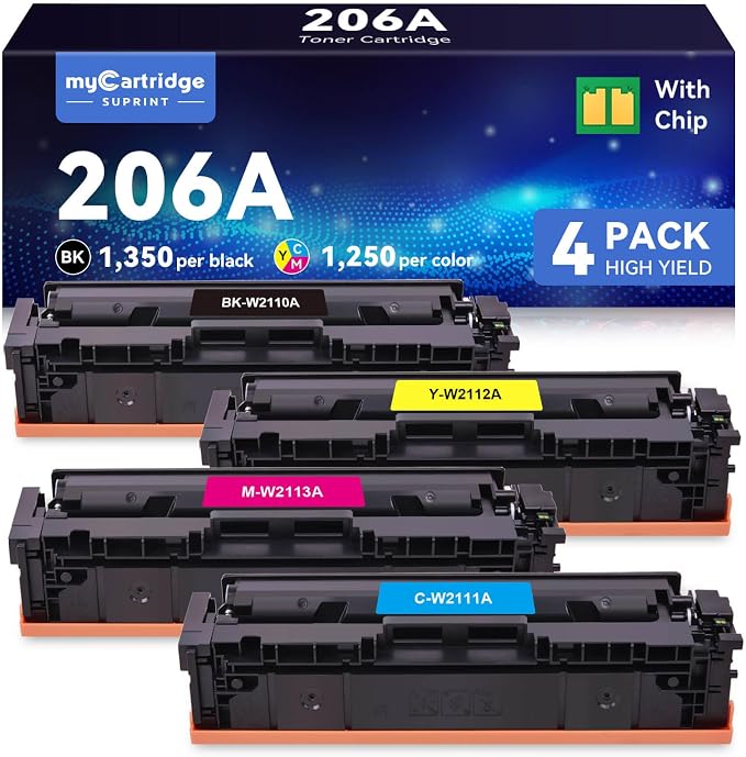 myCartridge SUPRINT Compatible 206A Toner Cartridges for HP 206A, 4 PK | Latest Chip Compatible with HP Color LaserJet Pro M255dw MFP M283fdw M283cdw M283fdn Printer for Office Use BCMY-W2110A