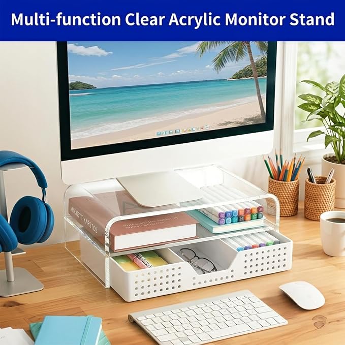 Desk Organizer and Accessories, 2-Tier Computer Monitor Stand Riser with Drawer and 2 Pen Holders, Laptop Stand, Office Desk Accessories for Office Supplies, 1 Pack, Transparent