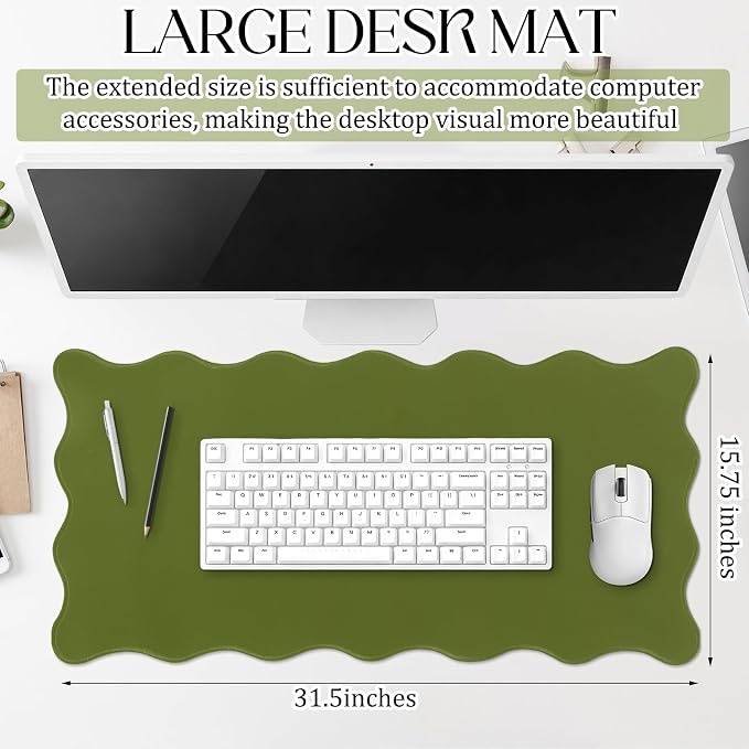 Hahafelt Scalloped Desk Mat Waterproof,Dark Green,31.5 X 15.8 Inches | Coquette Preppy Style for School Office Makeup Vanity, Nonslip Gaming Desktop Protector with Scalloped Stitched Edge Mat