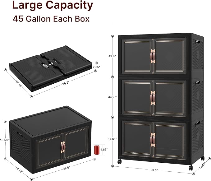 Stackable Storage Bins with Lids,1080QT Lockable Storage Cabinet | Folding Storage Box with Doors and Wheels, Collapsible Plastic Drawers for Home, Garage, Office