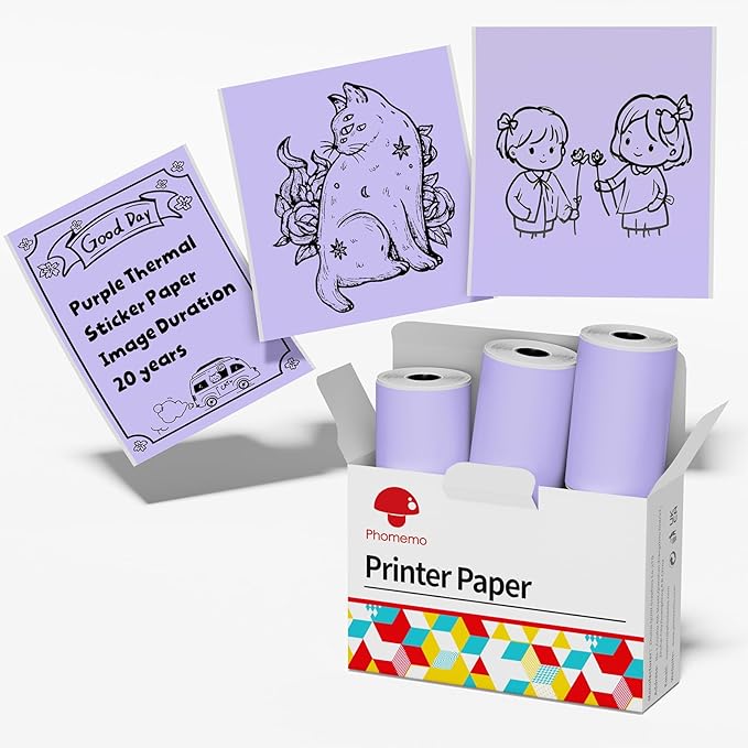 Phomemo Purple Self-Adhesive Thermal Paper, Glossy Printable Sticker Paper for Phomemo T02/T02Pro/Q02E/M02X/Y02C/Q02 Mini Sticker Printer, 50mm x 3.5m, Diameter 28mm, 3-Rolls, Image Time 20 Years