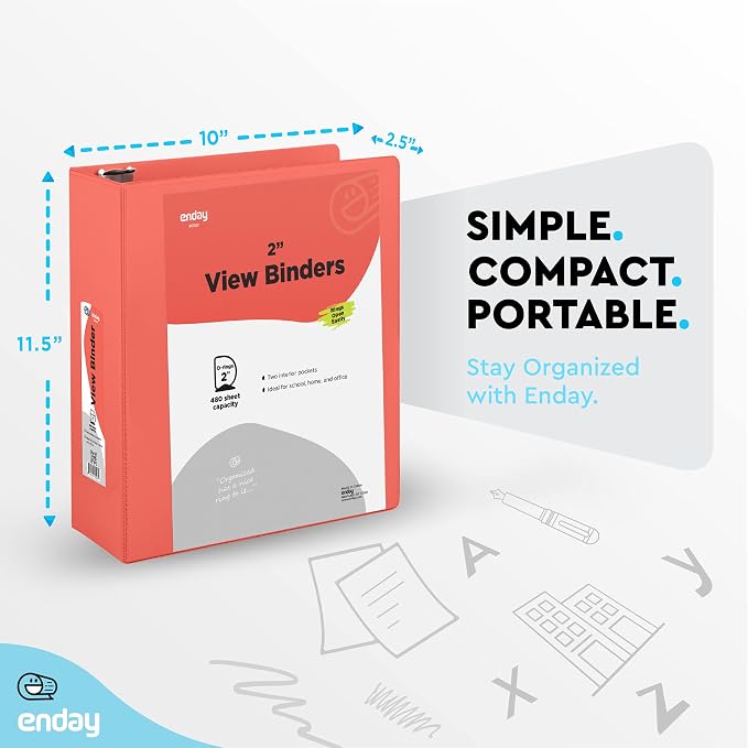Enday 2 Inch 3 Ring Binder, Red Heavy Duty Three Ring Binder, 480 Sheets Capacity - 2 Inch Binder for Home School and Office.