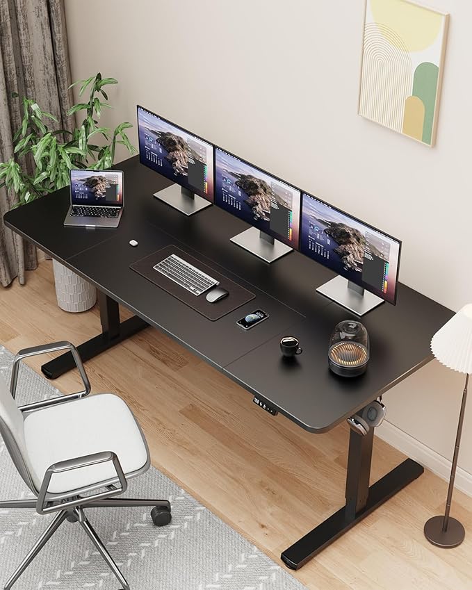 Standing Desk, Large Height Adjustable Electric Stand up Desk, 63 x 24 Inches Sit Stand Home Office Desk, with Splice Board, Black Frame/Black Top
