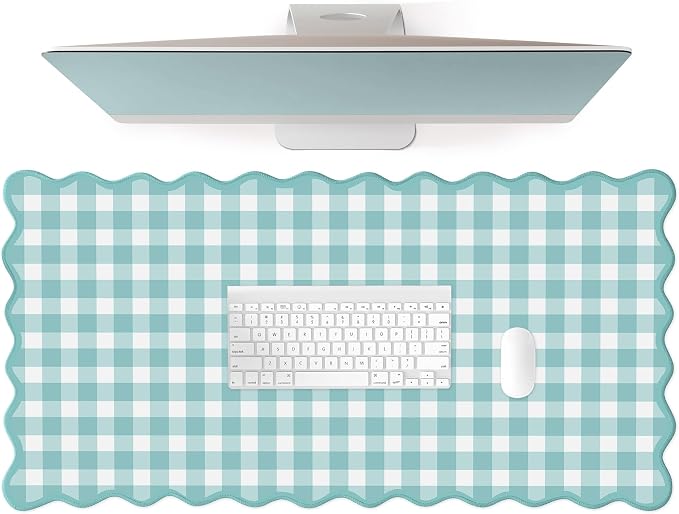 Scalloped‌ Teal Green Checkered Desk Mat Cute Pastel Large Gaming Mouse Pad Gingham Kawaii Cottagecore ‌Vintage‌ Girly Keyboard Computer Mat Aesthetic Desk Pad Accessories Office Decor for Women